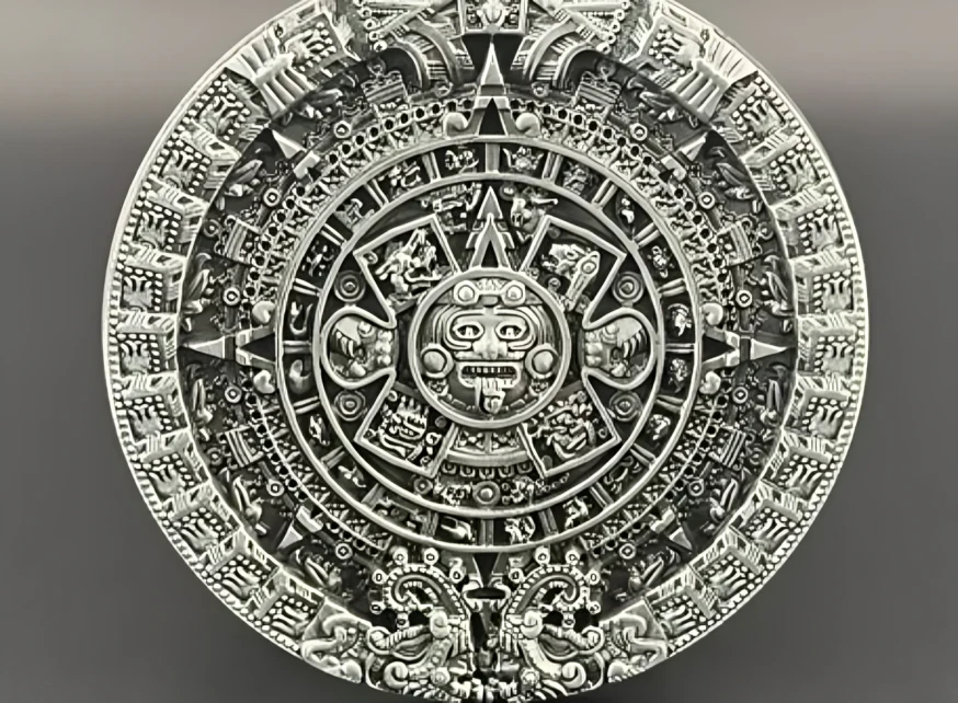 An Aztec design belt buckle.