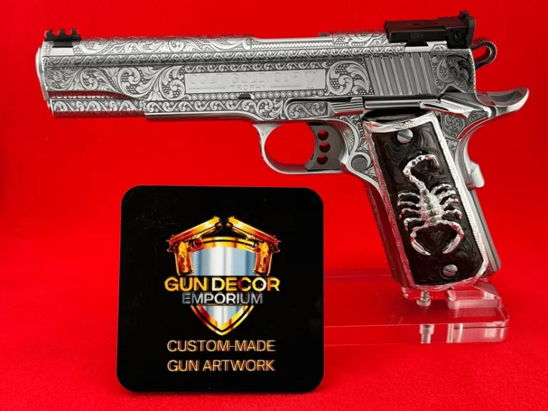 A gun with intricate details and a scorpion on it.