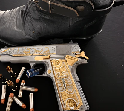 A custom firearm with an intricate emerald and zirconia design.