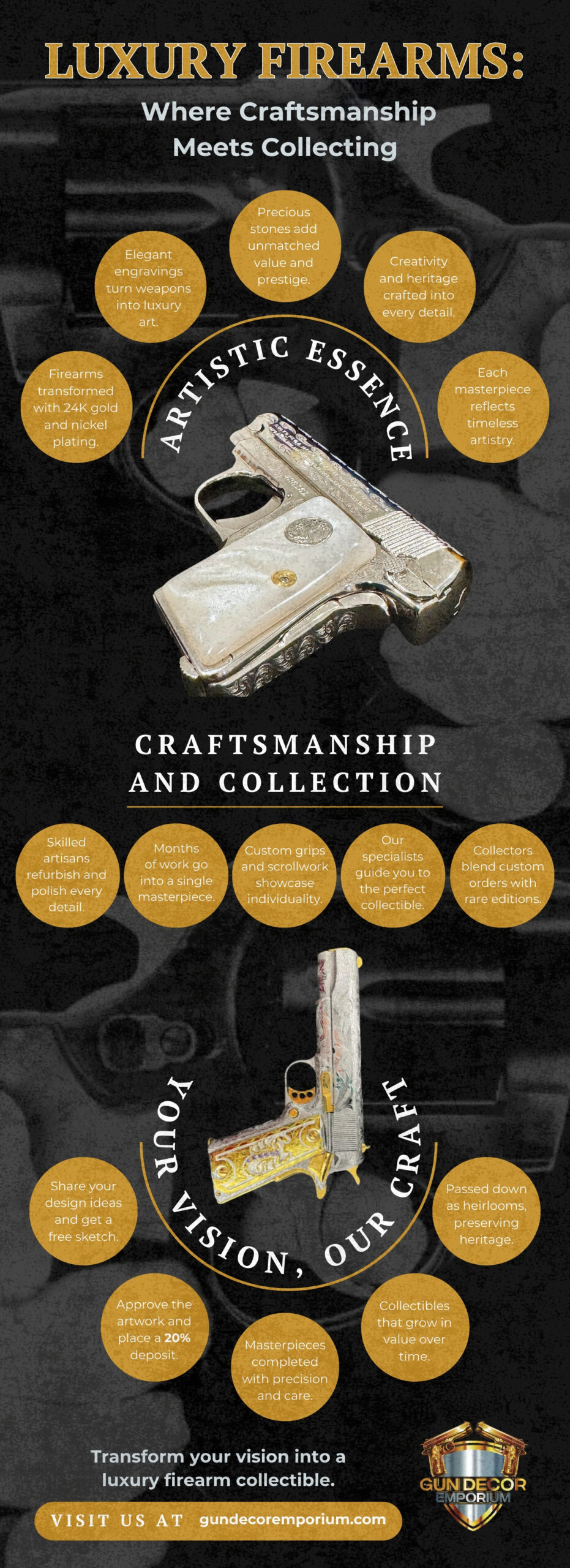 Firearms transformed with 24K gold and nickel plating. Elegant engravings turn weapons into luxury art.