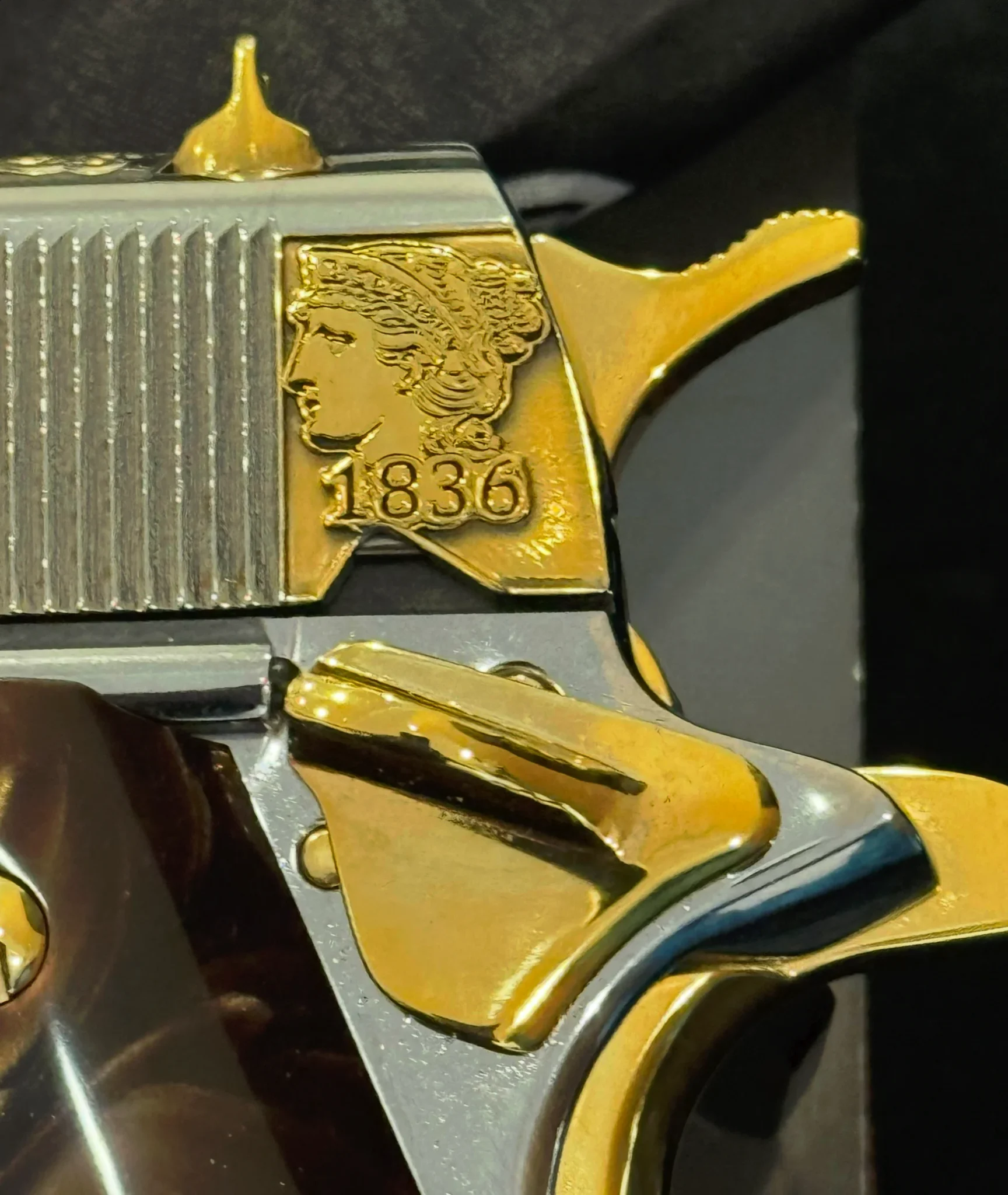 Colt .45 ACP pistol with custom Remember the Alamo engraving and detailed historical artwork