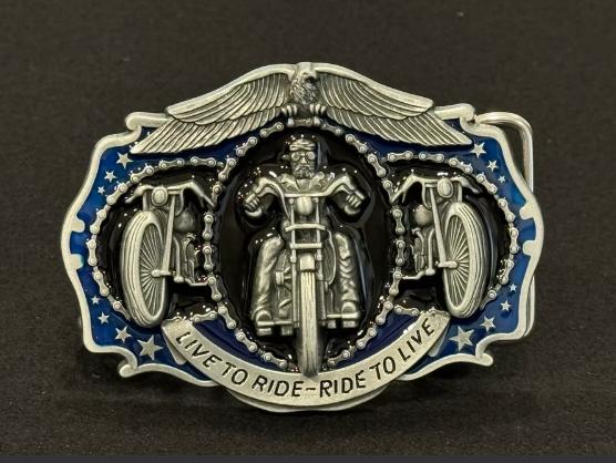Silver cowboy buckle with eagle wings, motorcycle rider, and “Live to Ride – Ride to Live” inscription.