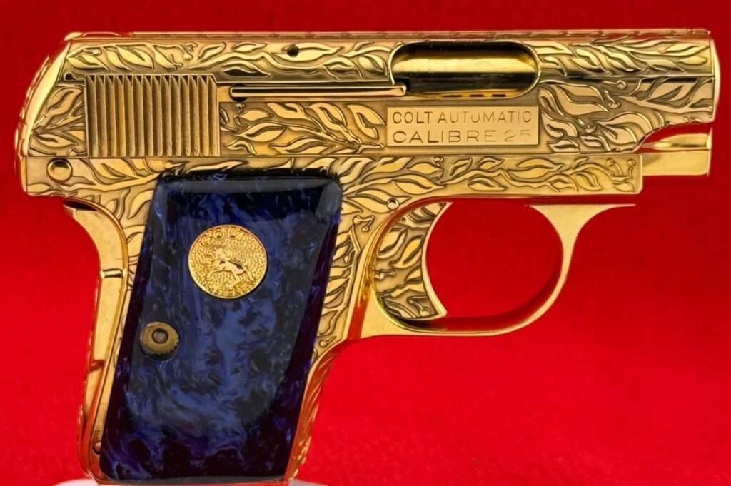 Custom gun grip on a gold-plated gun.